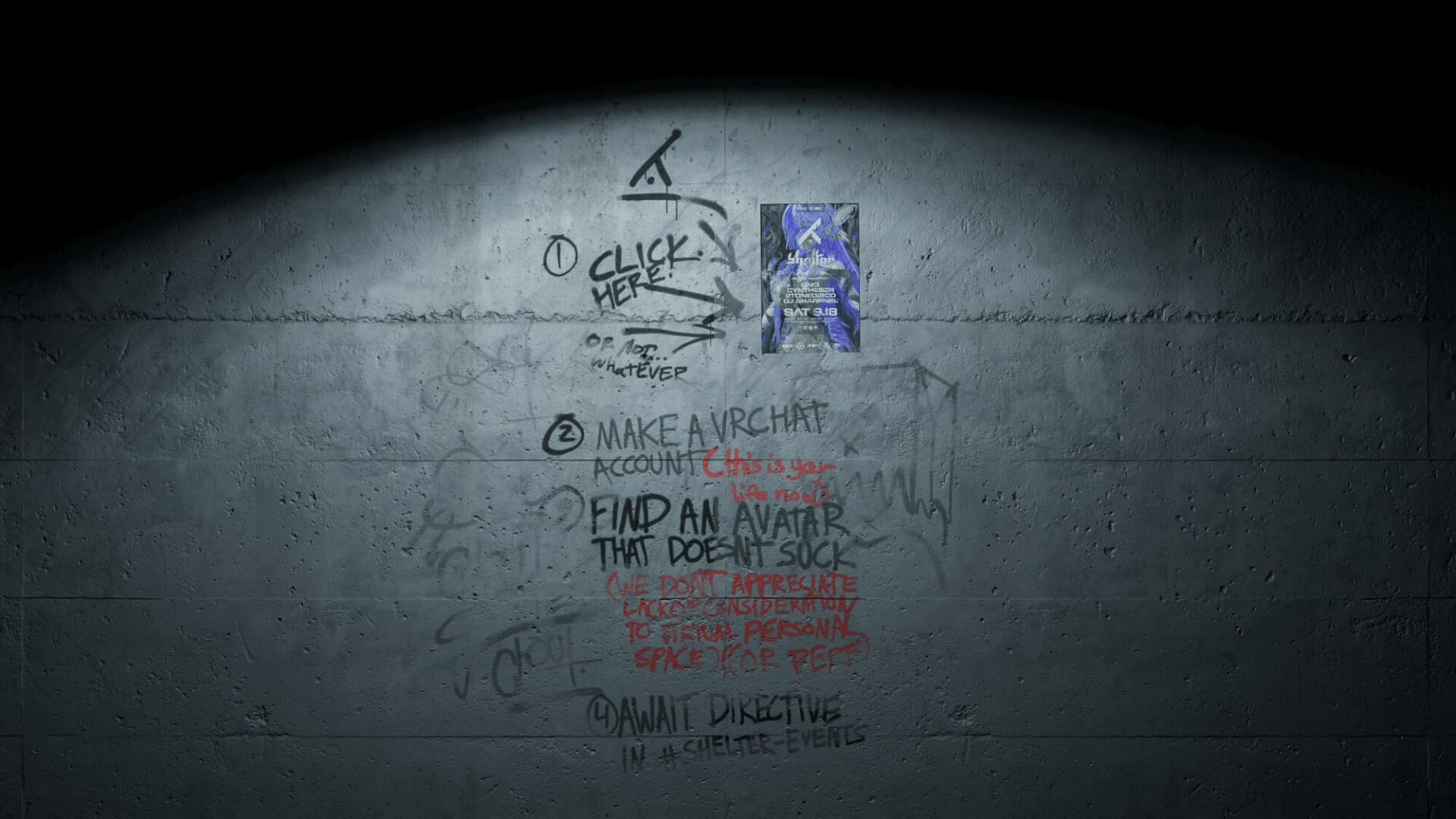 Screenshot of Sheltervr website showcasing a concrete wall with graffiti-style instructions on how to join their underground vr raves.